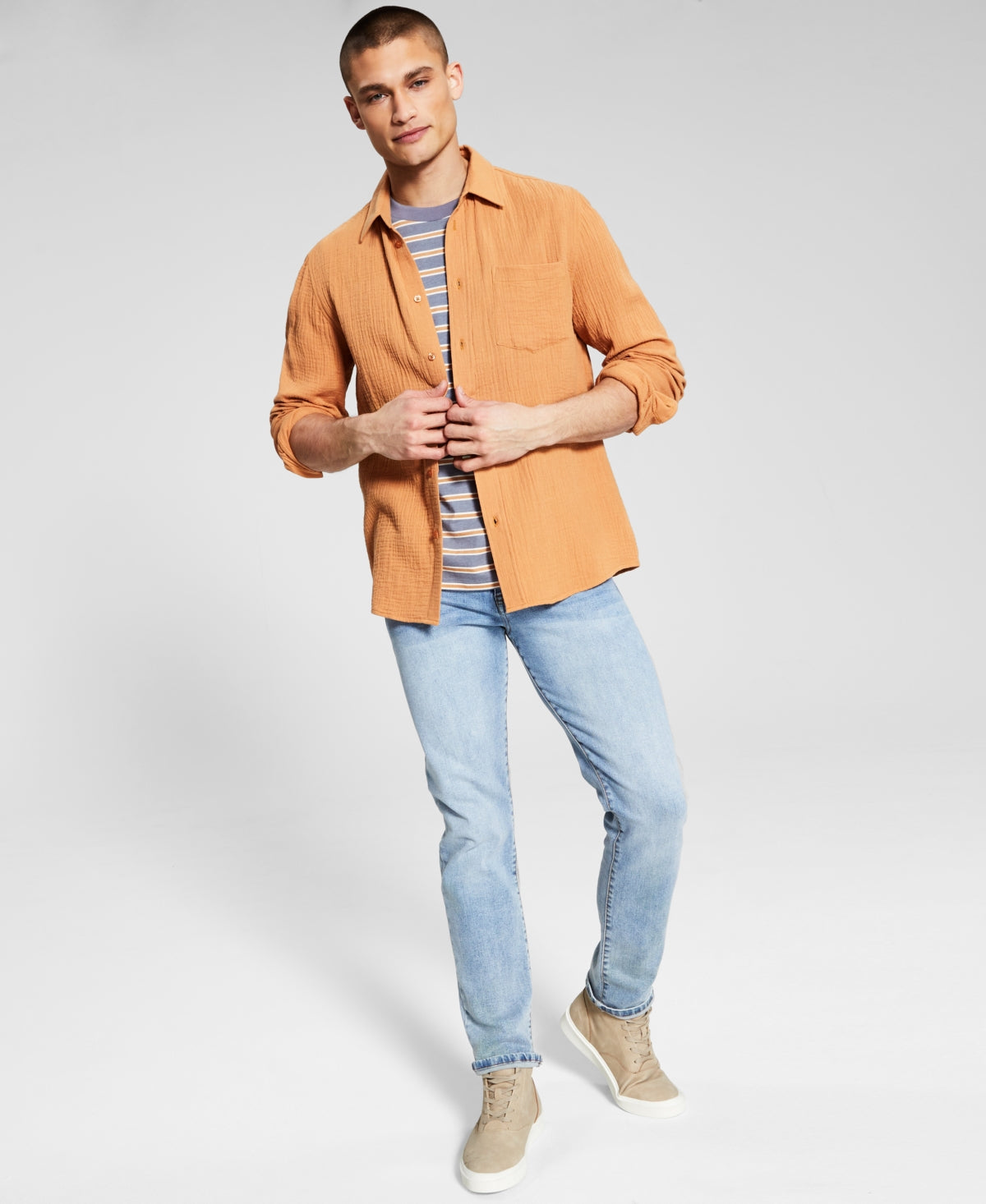 And Now This Men's Long Sleeve Seersucker Shirt Light Brown XXL