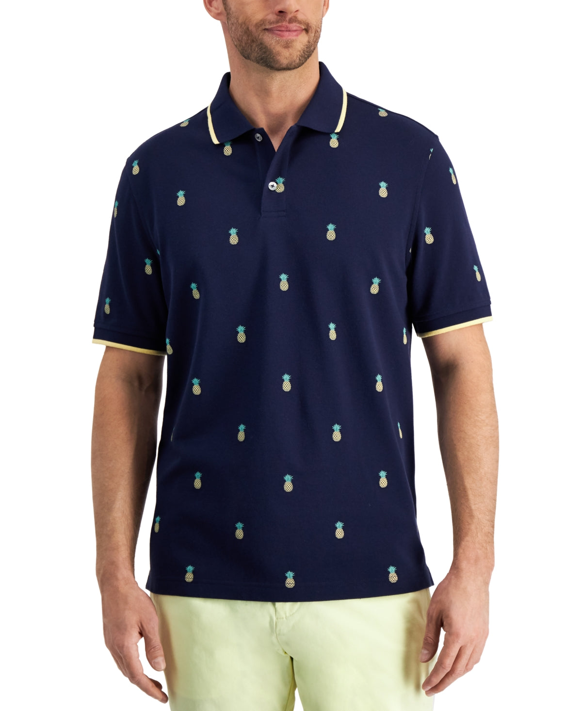 Club Room Mens Pineapple Print Short Sleeve Polo Shirt Blue Small
