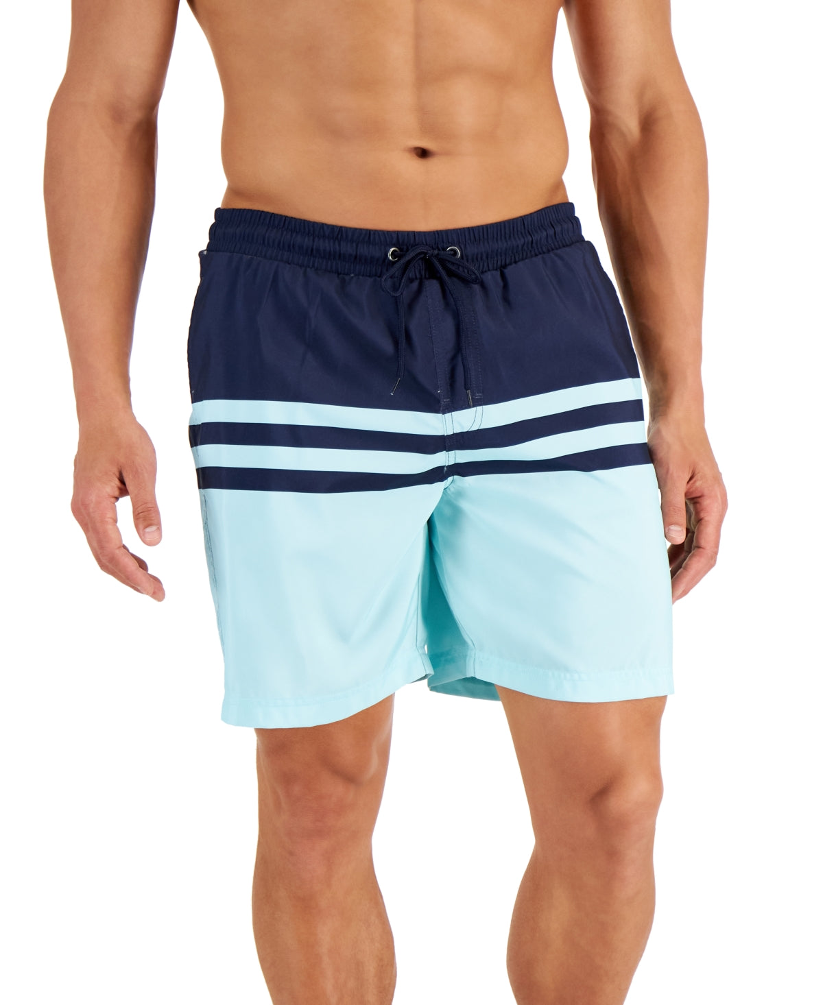 Club Room Men's Quick Dry Performance Colorblocked Stripe 7" Swim Trunks Blue Small