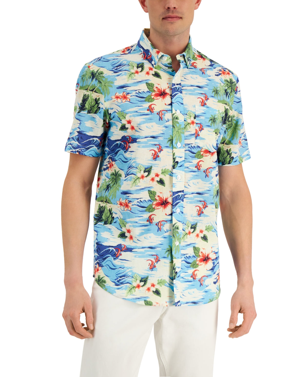 Club Room Mens Short Sleeve Button Down Linen Hawaiian Shirt Medium Blue
