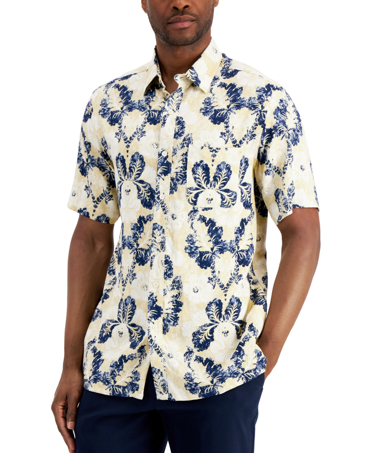 Club Room Men's Milton Block Short Sleeve Button Down Shirt Pale Khaki XXL
