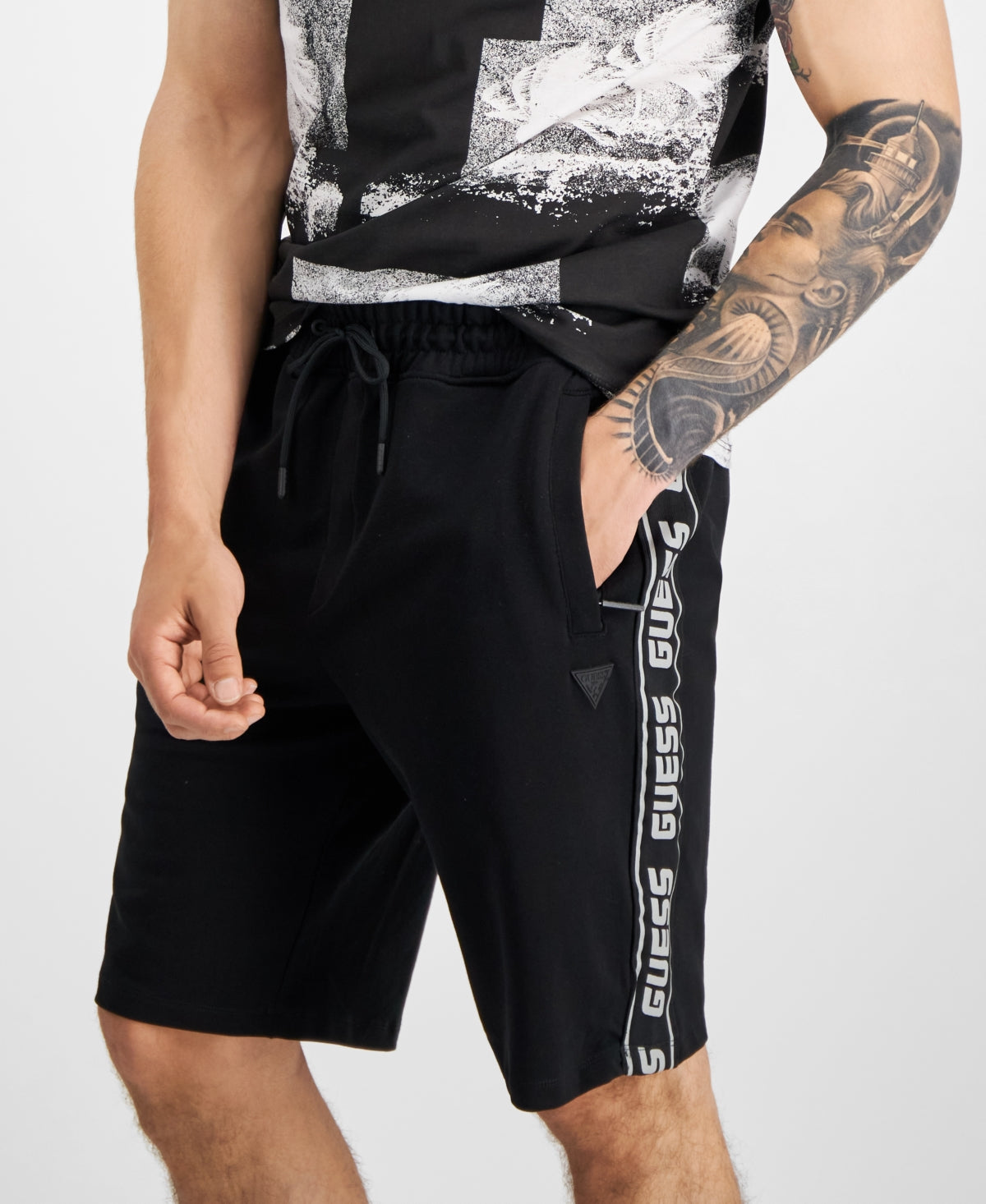 Guess Mens Sporty Logo Tape Shorts Black White Medium