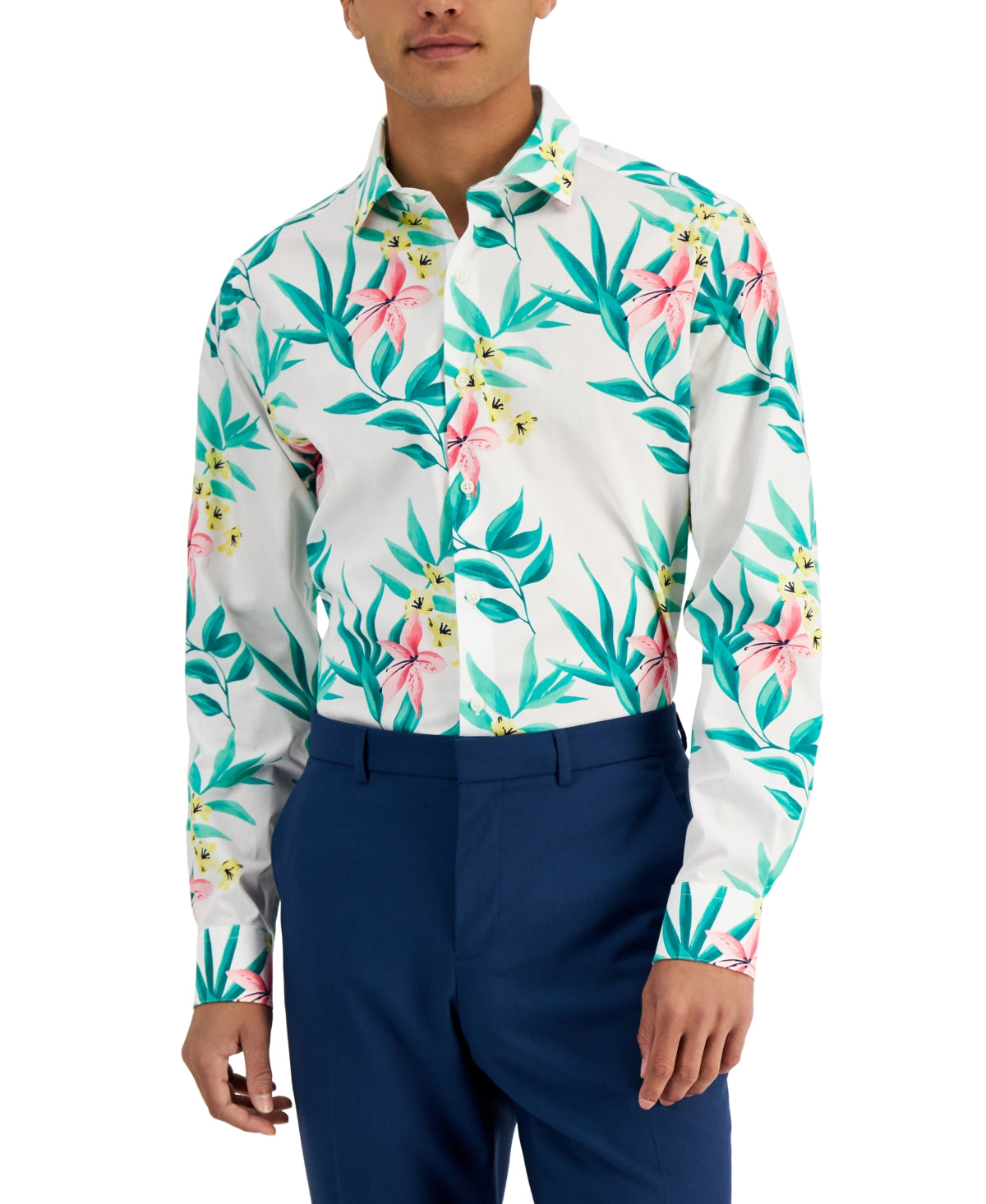 Bar III Men's Tropical Print Button Down Dress Shirt White Green Large