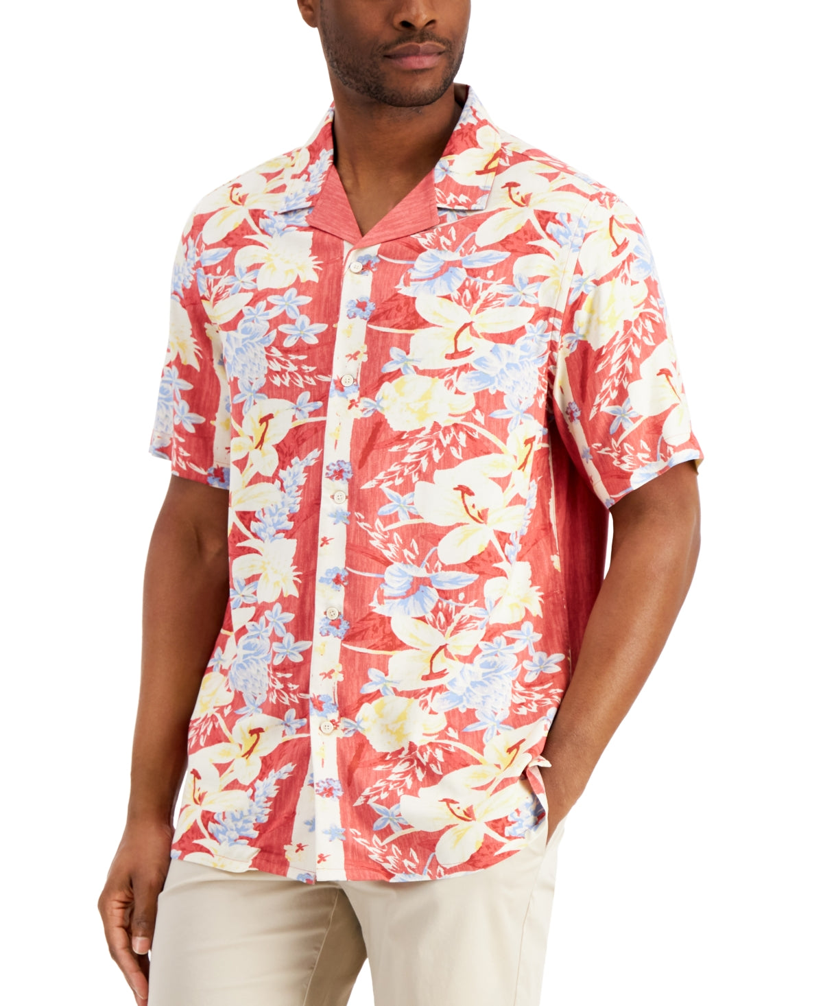 Club Room Men's Tropic Short Sleeve Button Down Shirt Red Yellow XL