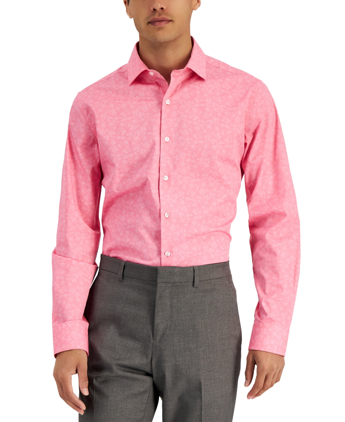 Bar Iii Men's Slim Flit Floral Stretch Dress Shirt Large Pink