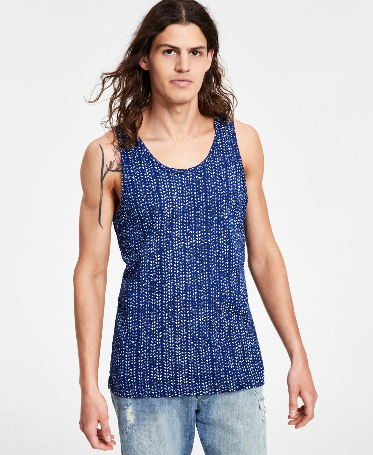 Sun + Stone Men's Geo Print Tank Pompadour Blue  Navy Small