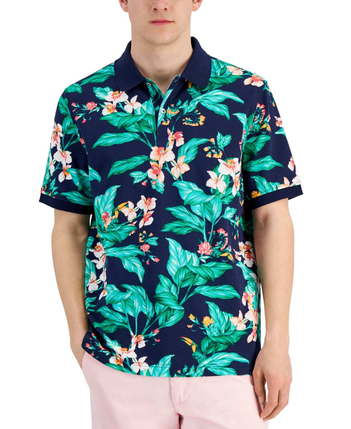 Club Room Mens Blue Tropical Pique Button Down Short Sleeve Polo Shirt Medium