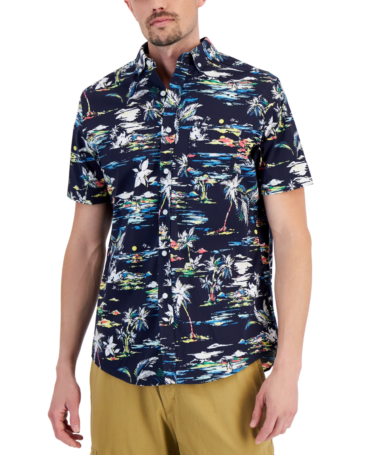 Club Room Men's Navy Blue Short Sleeve Button Down Shirt Island Shirt Medium