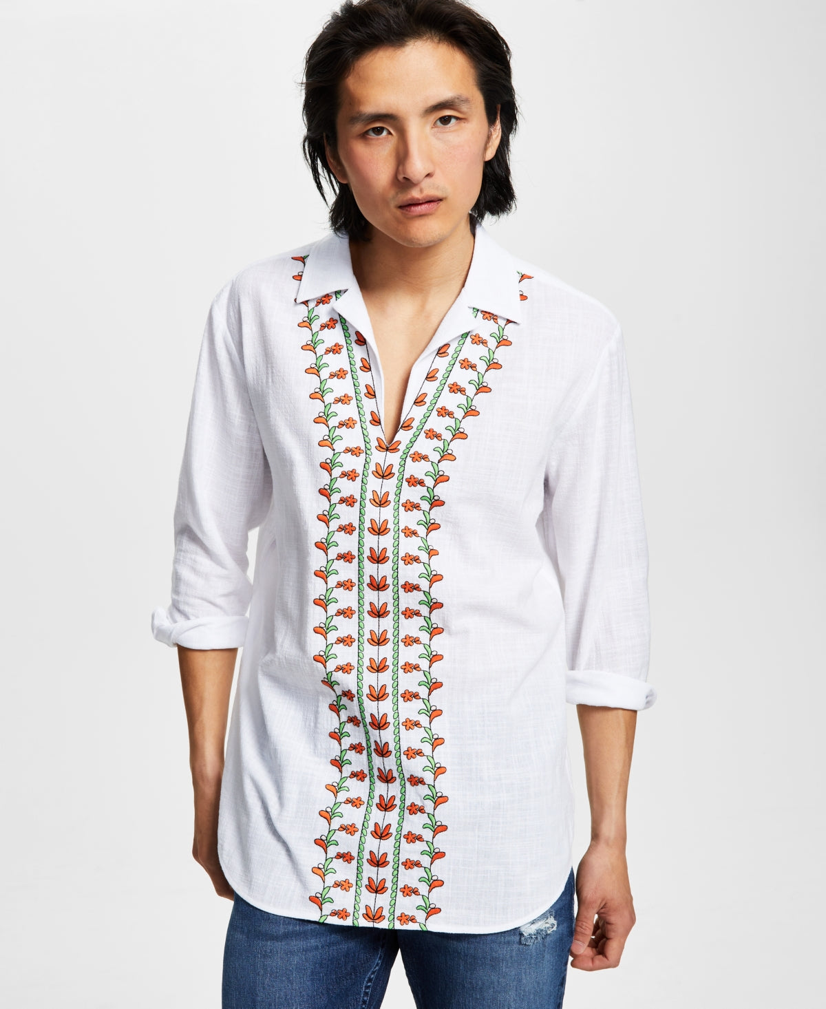 INC International Concepts Mens Embroidered Popover Shirt White Large