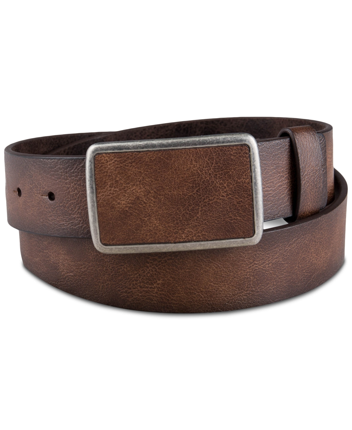 Sun + Stone Men's Bonded Leather Plaque Buckle Belt Brown Medium