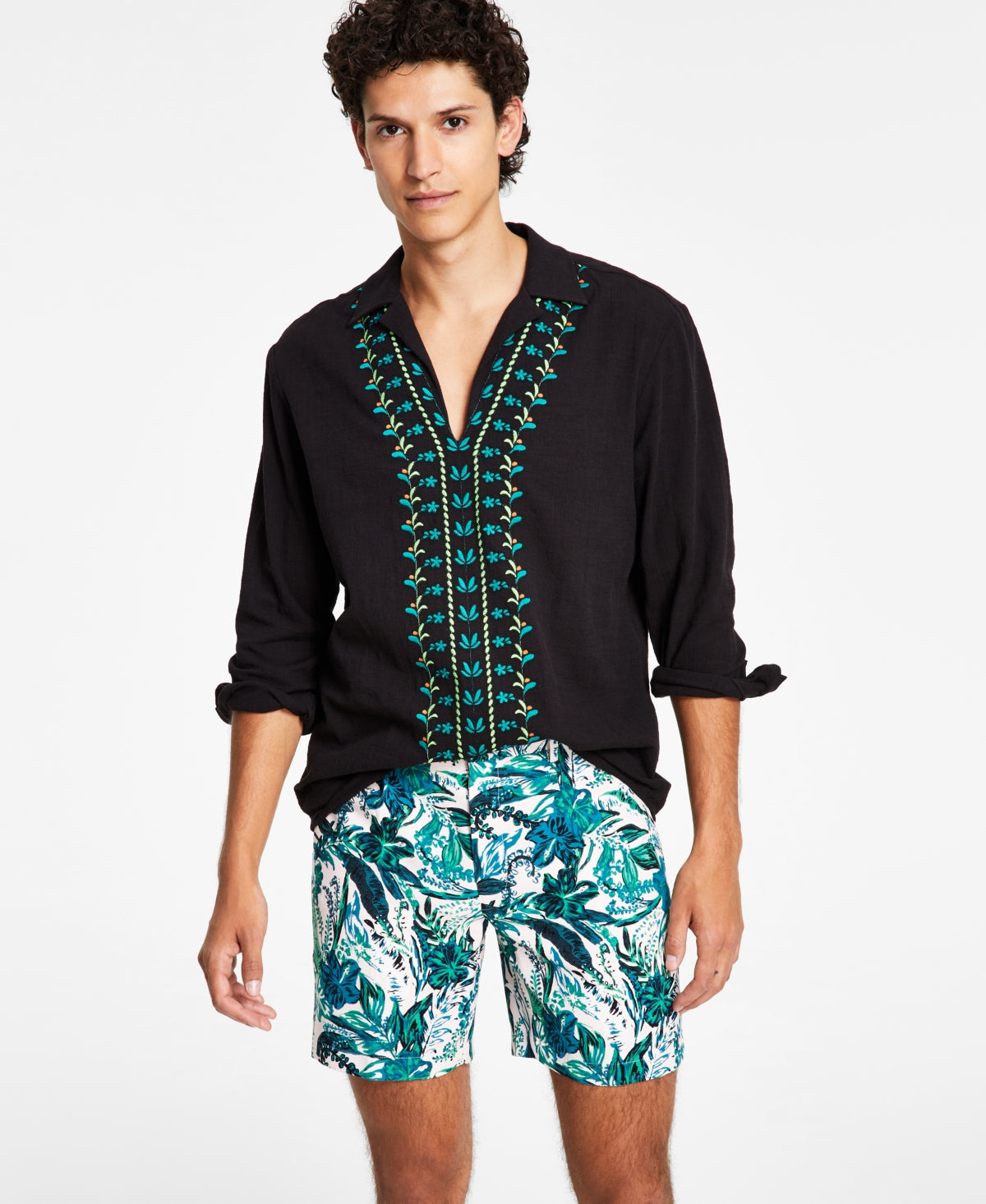 INC International Concepts Mens Embroidered Button Down Shirt Deep Black Large