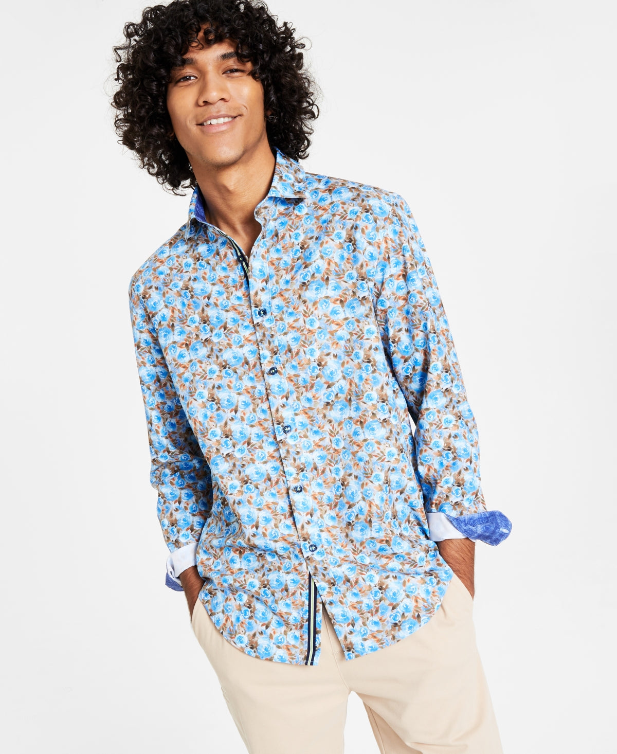 Society of Threads Men's Slim Fit Floral Long Sleeve Button Down Shirt Blue XXL