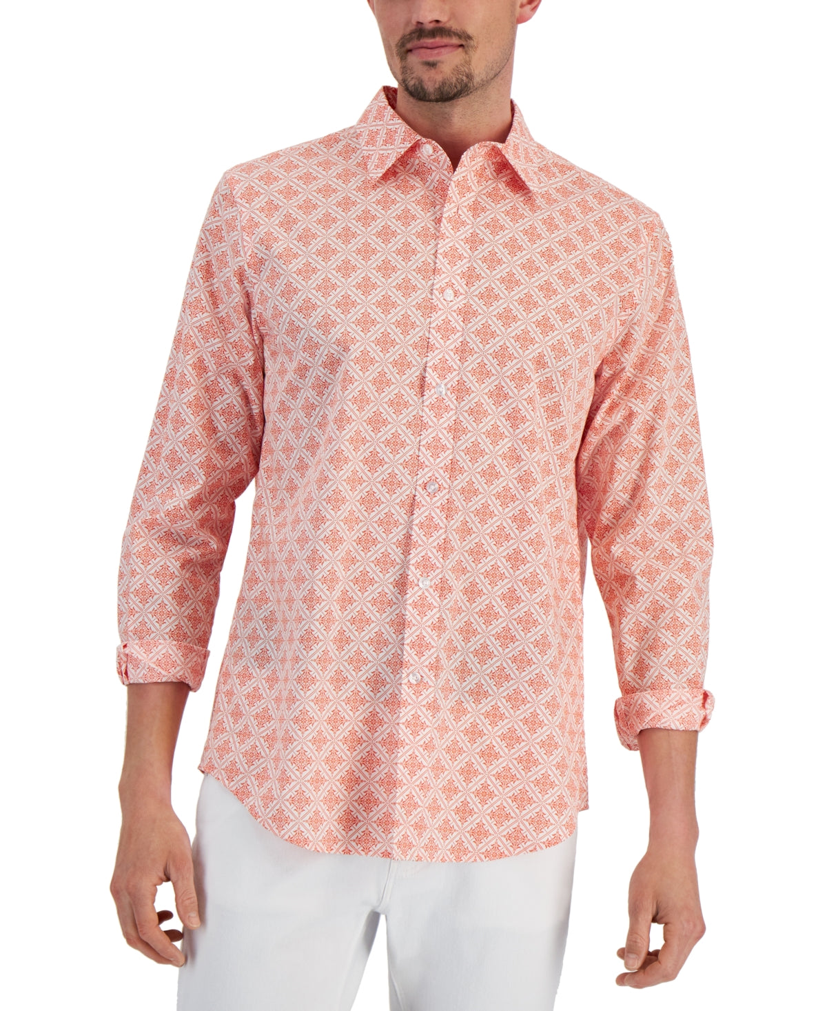 Club Room Men's Regular fit Medallion print Poplin Shirt Orange Small