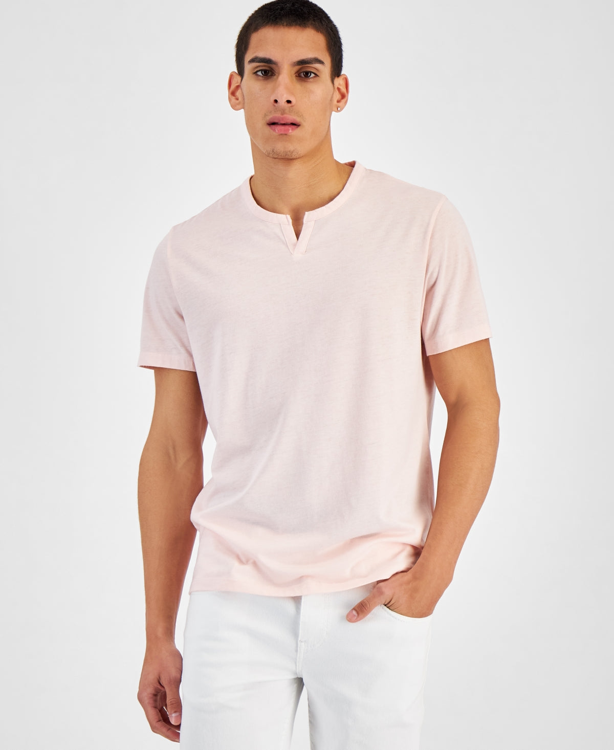 INC International Concepts Mens Heathered Split Neck T shirt Pink Small