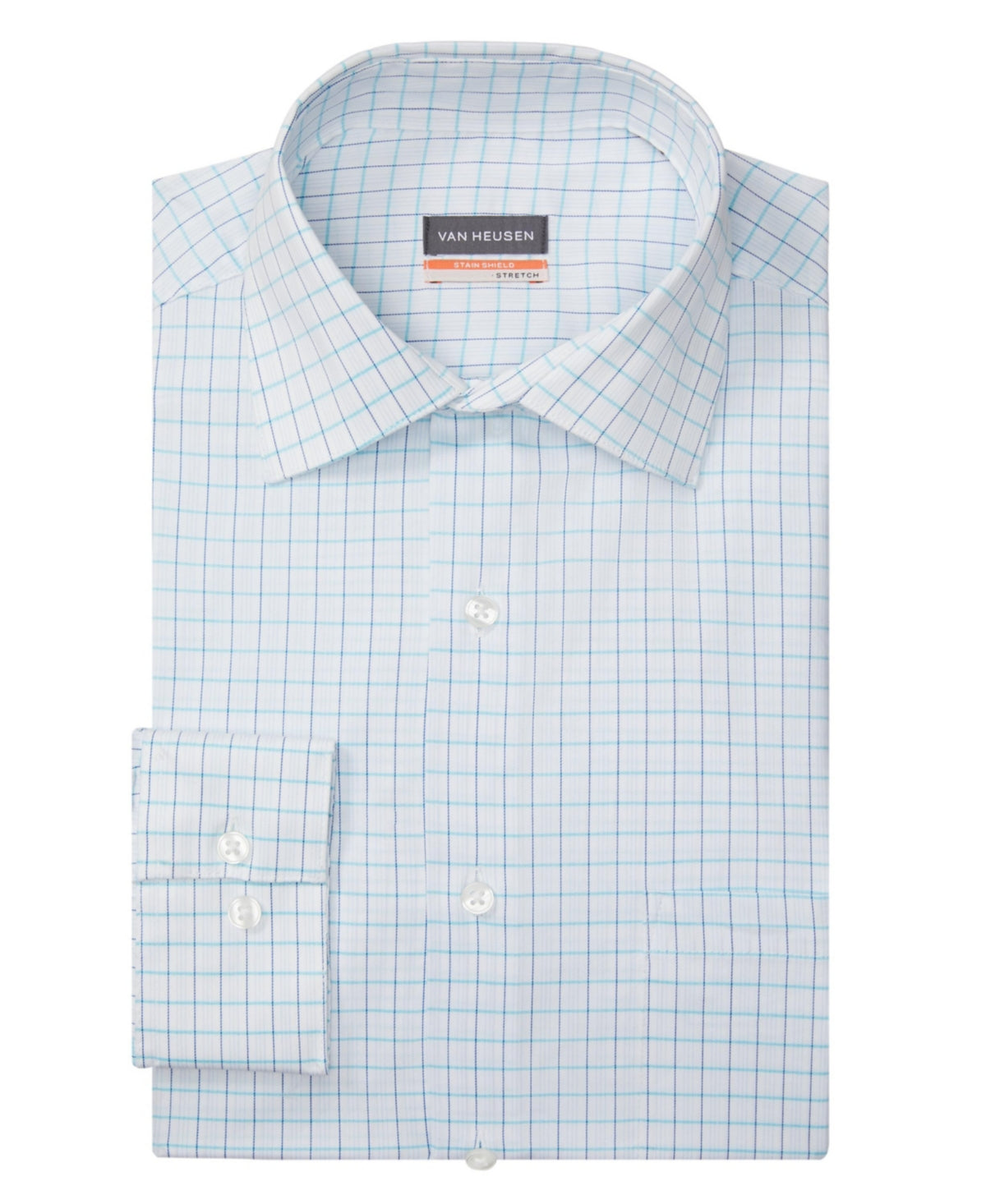 Van Heusen Stain Shield Men's Spread Collar Dress Shirt 17.5 32 33 Blue Wrinklefree
