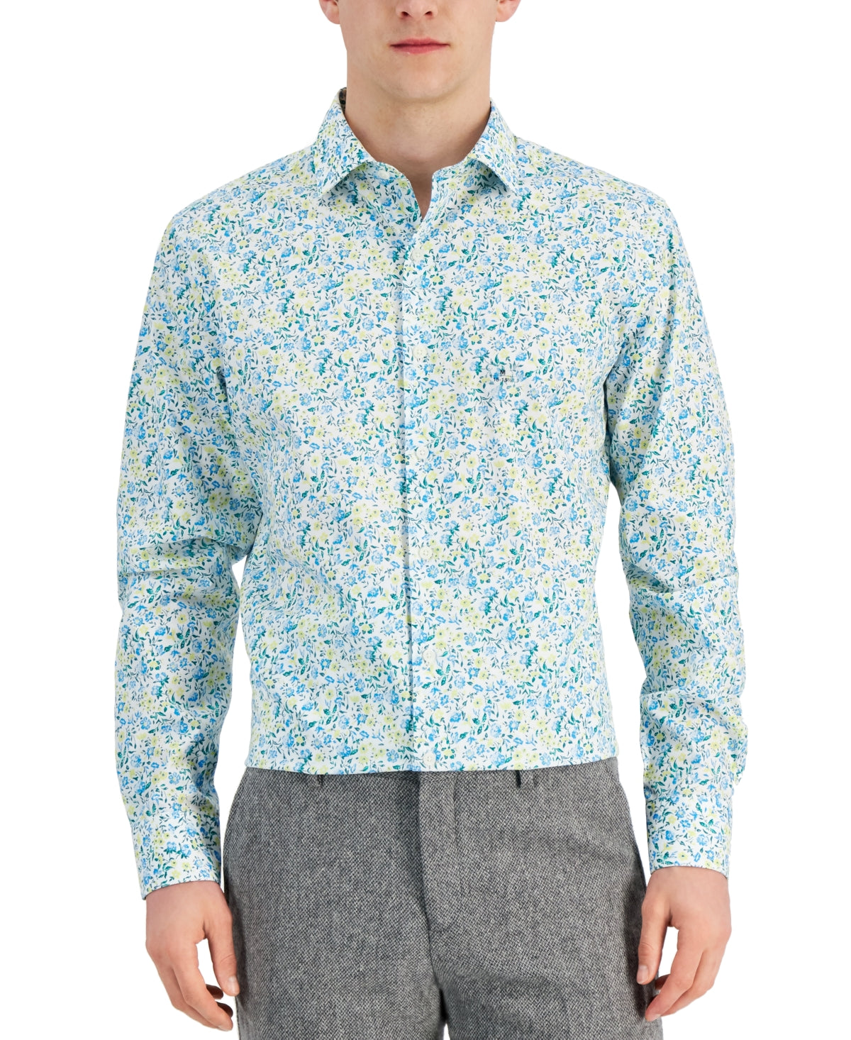 Bar III Mens Calma Floral Dress Button Down Shirt Blue White Yellow Small
