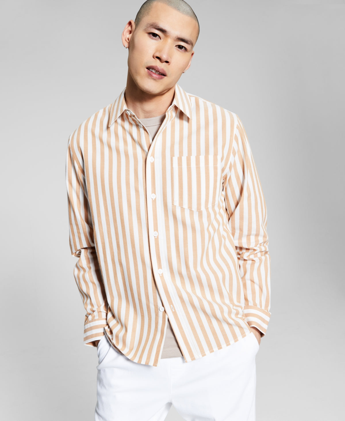And Now This Men's White Biscuit Striped Long Button Down sleeve Shirt