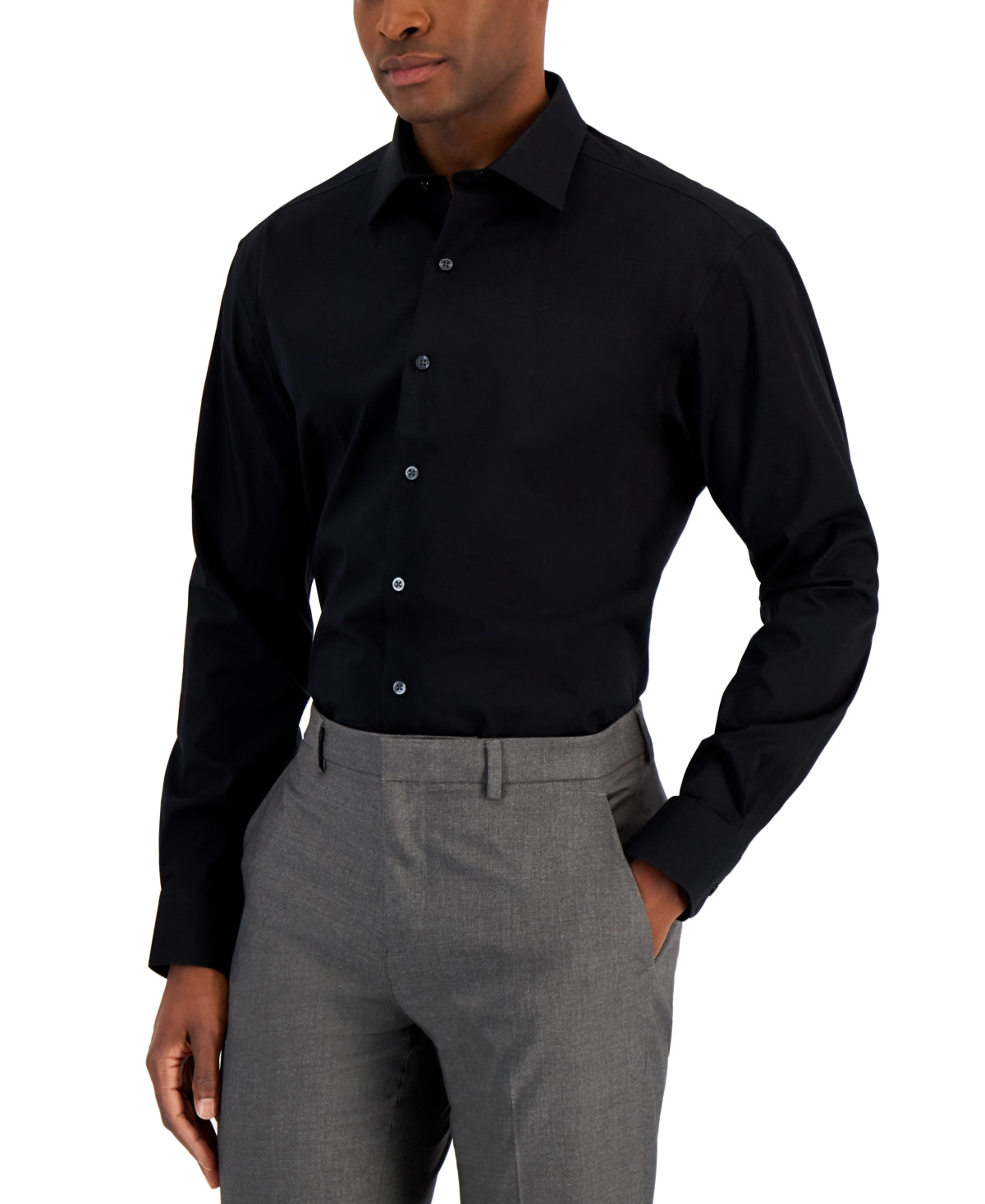 Alfani Mens Regular fit Dress Shirt Large 16-16.5 32-33 Black Solid