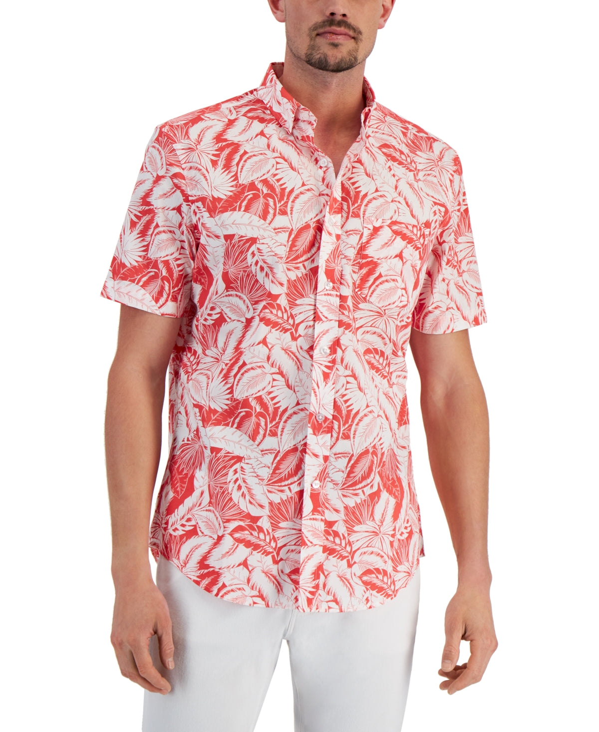 Club Room Mens Paradise Leaves Poplin Short Sleeve Button Down Cayenne Red Small