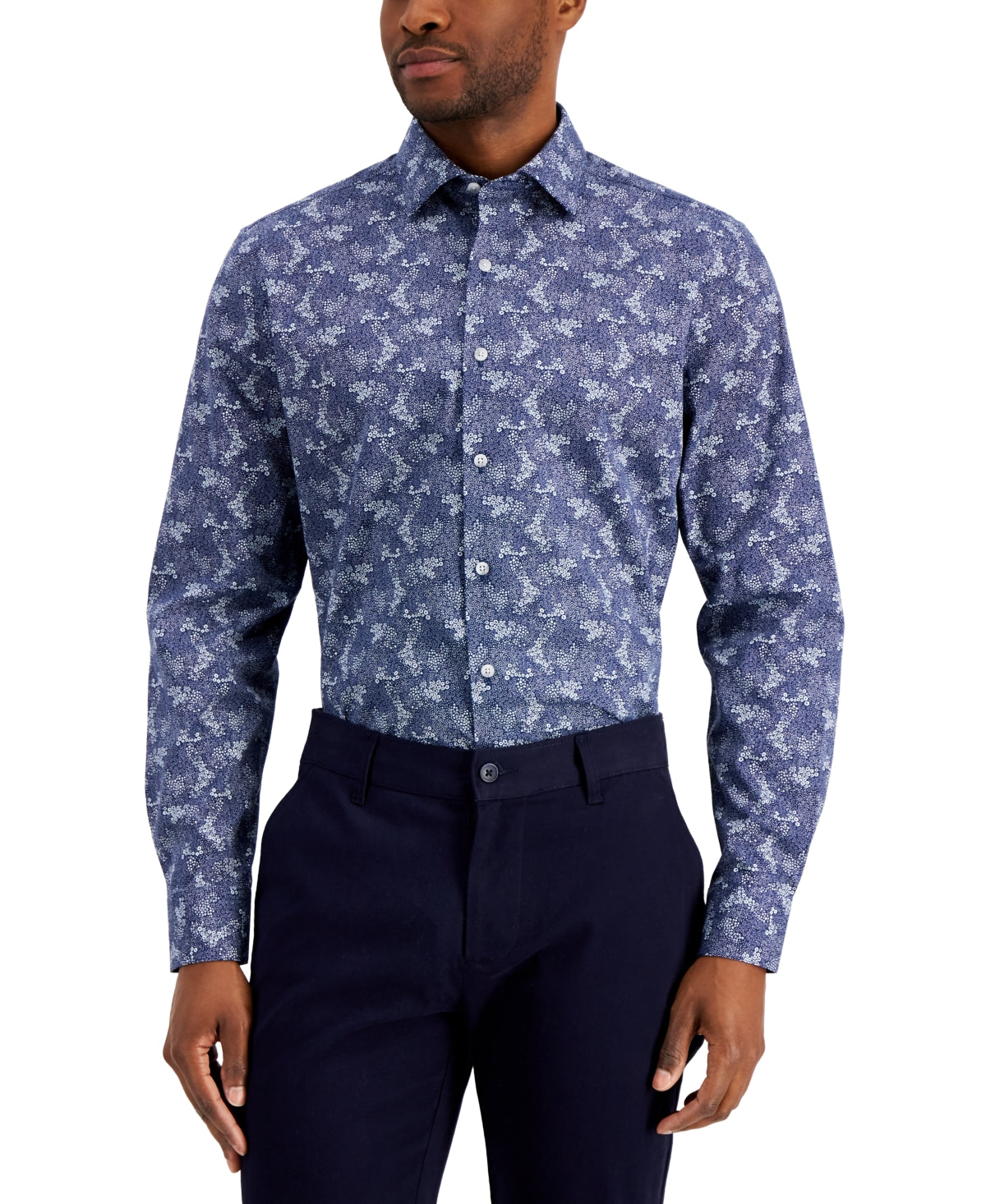 Bar III Mens Slim Fit Stretch Floral Button Down Dress Shirt Blue Small 14 14.5