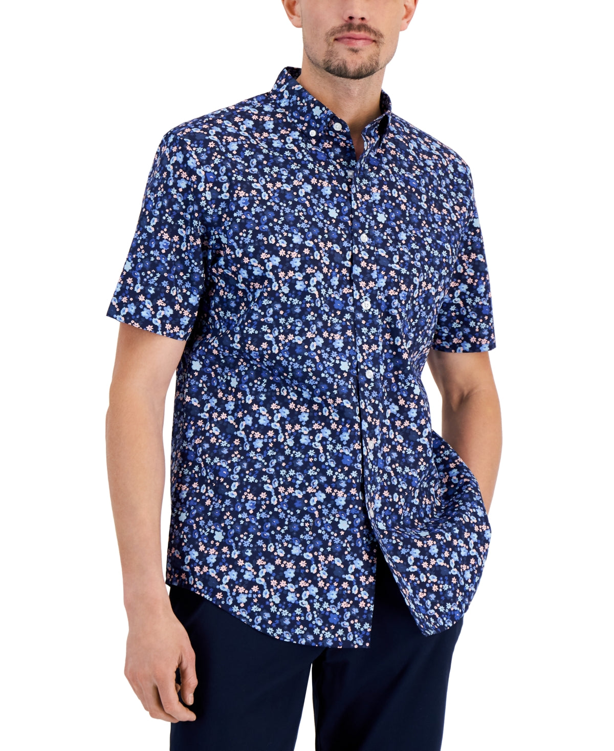 Club Room Men's Floral print Button Down Shirt Navy Medium