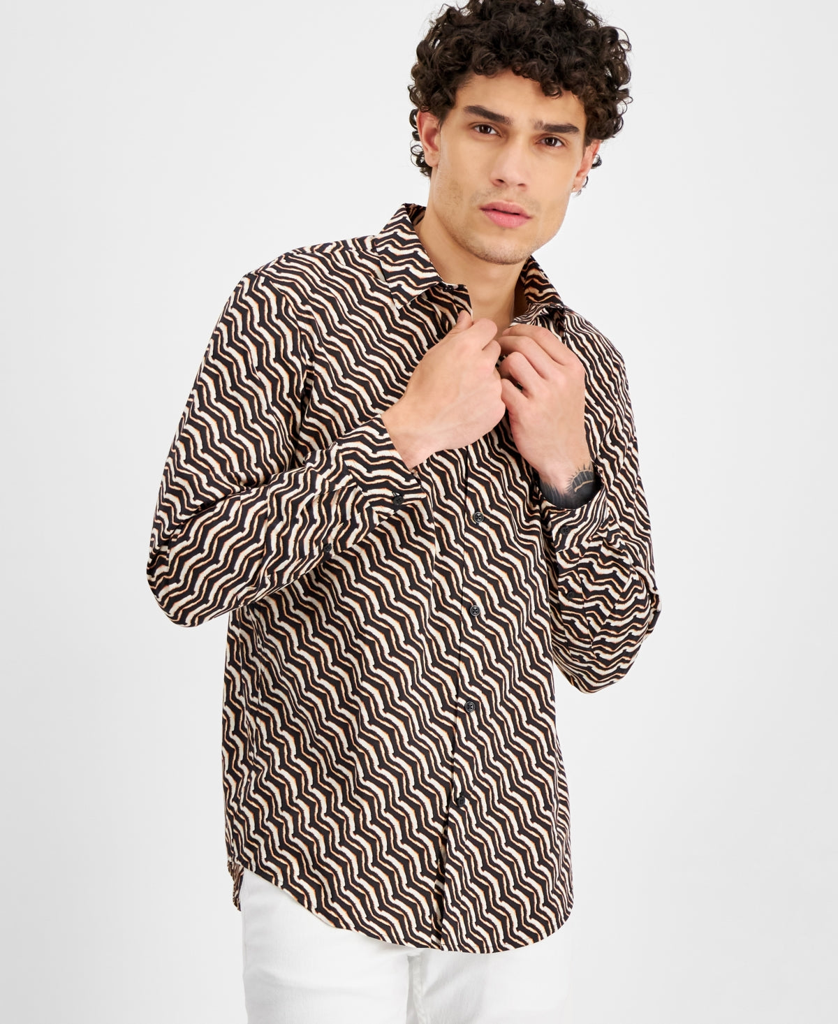INC International Concpets Men's Jungle Stripe Ls Shirt Chc Fndt Combo Brown Large