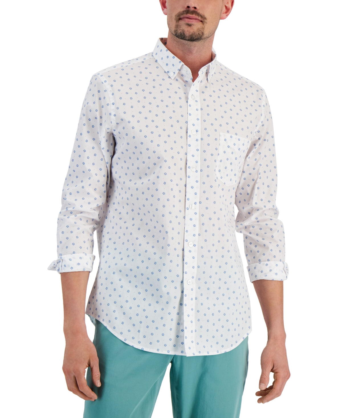 Club Room Men's Floral print Button Down Shirt White Large