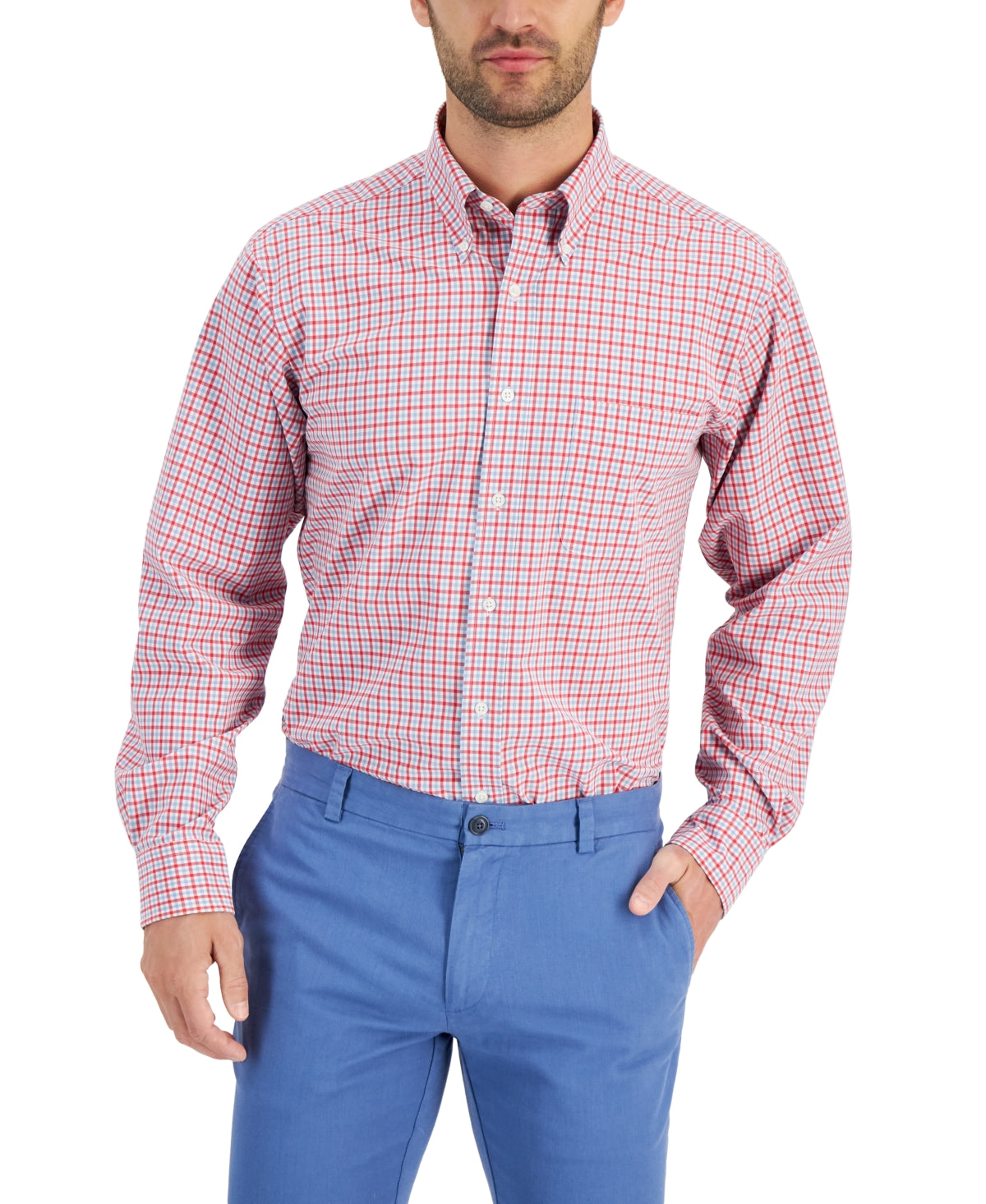Club Room Men's White Red Regular Fit Traveler Dress Shirt Size 17 / 34-35