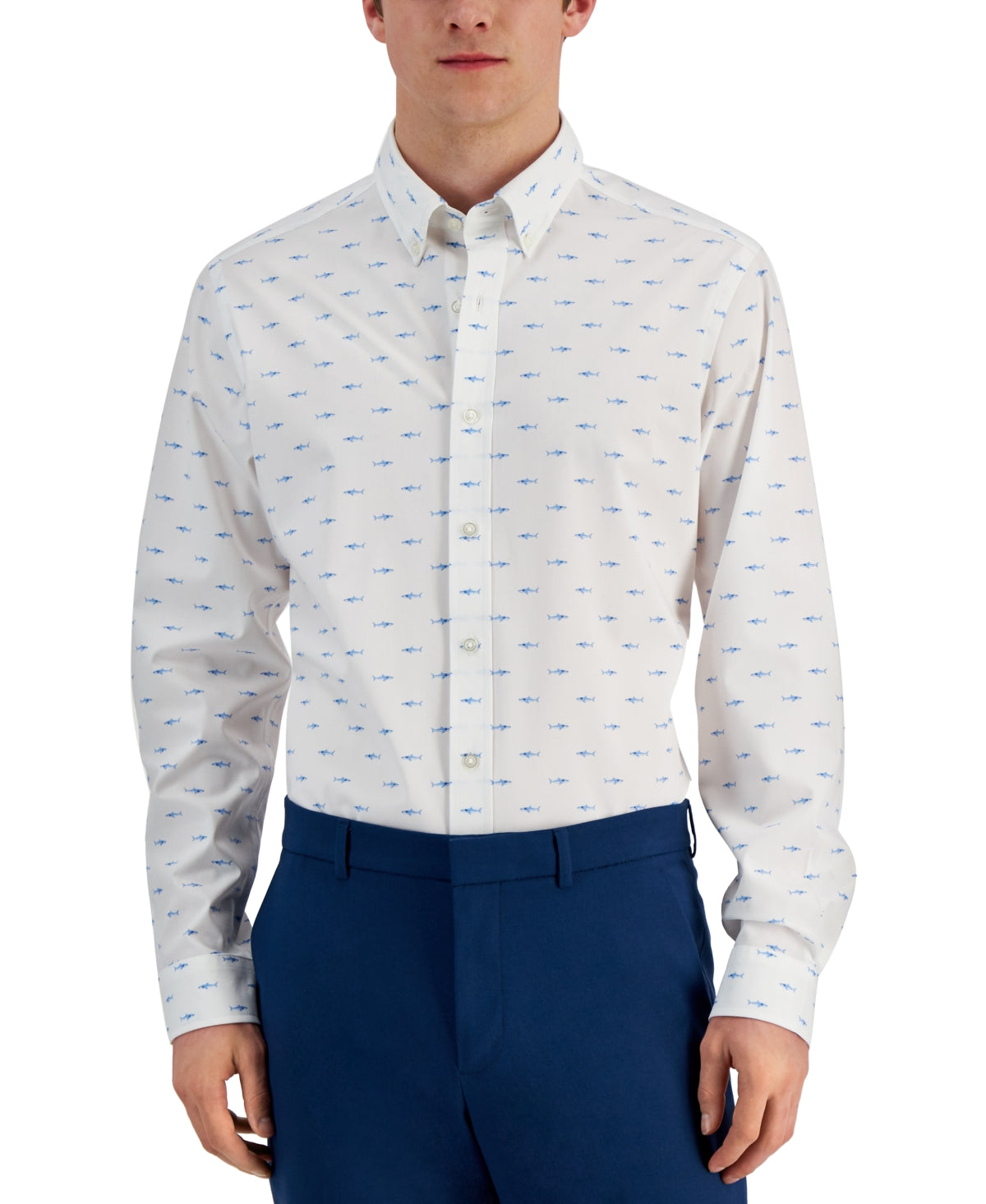 Club Room Men's Shark Print Slim Fit Dress Shirt White Medium