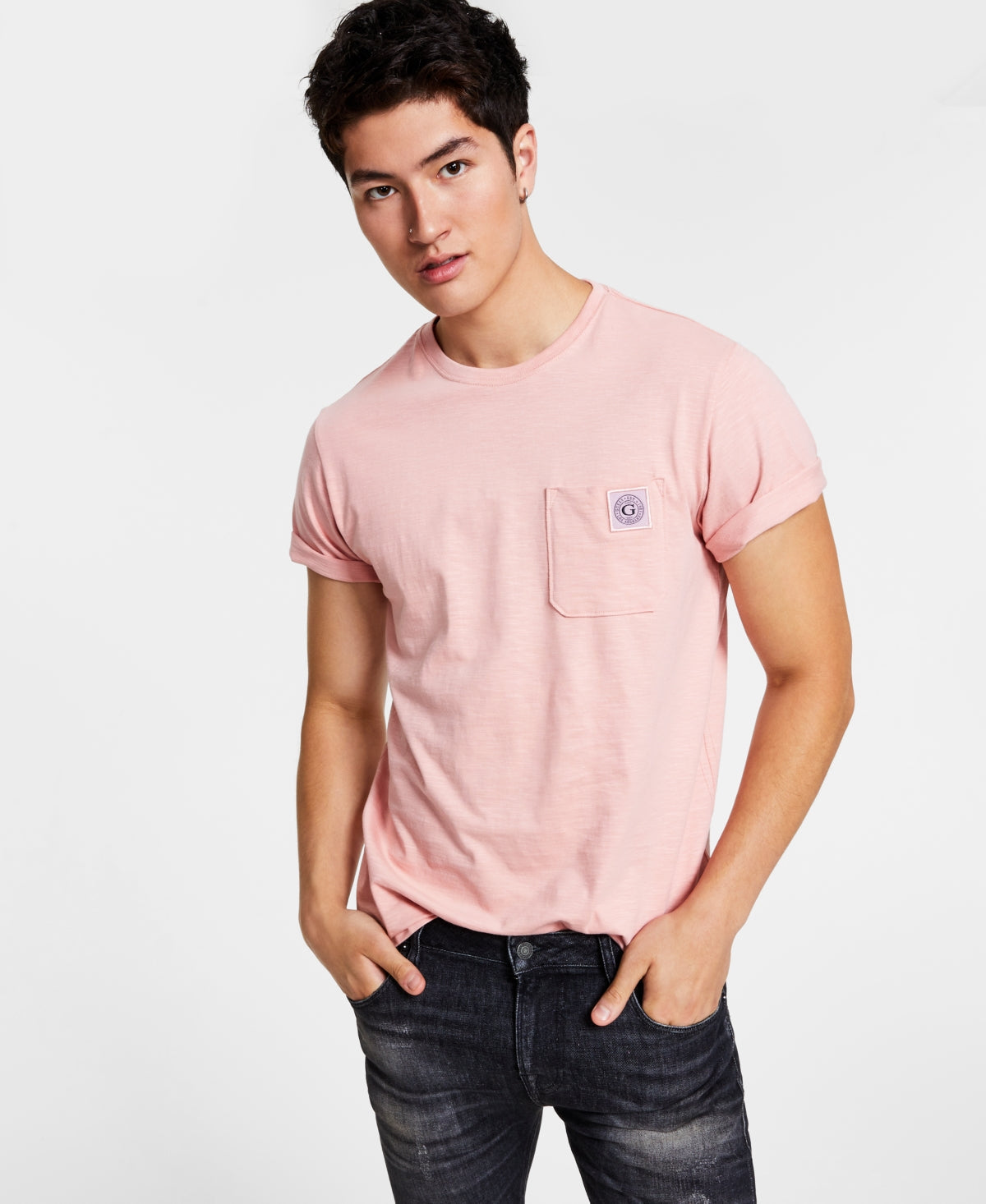 Guess Mens Kiki Textured Pocket T shirt Pink Small