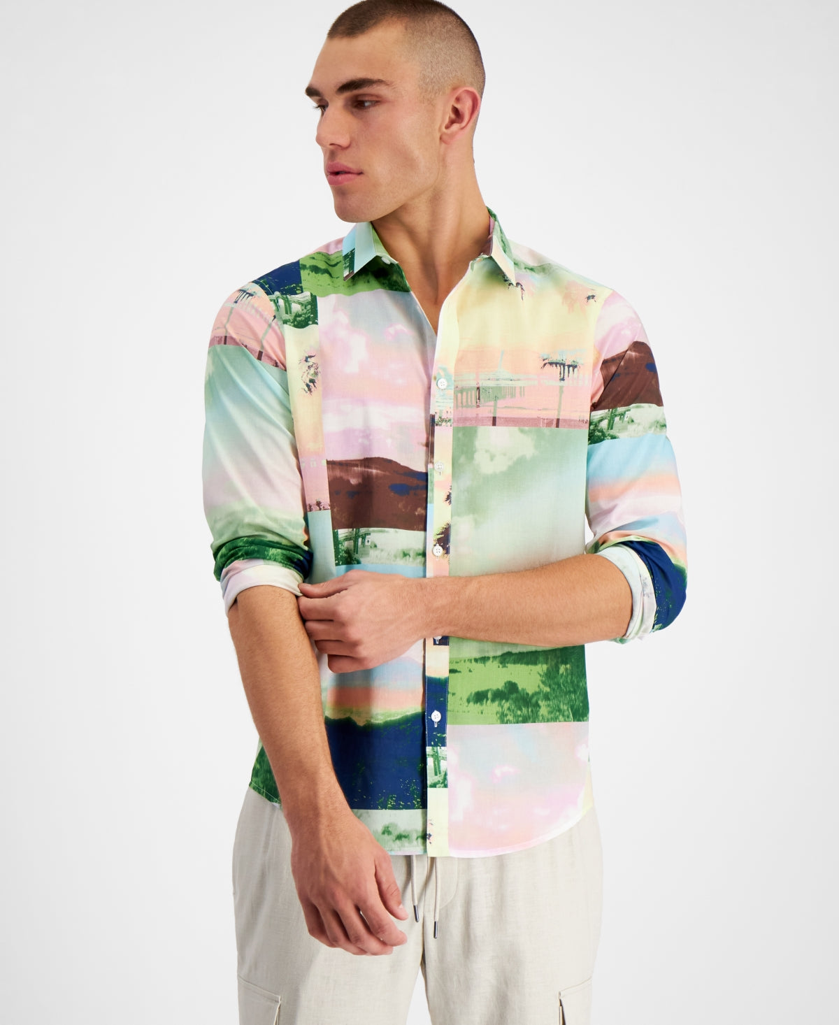 Inc International Concepts Men's Beach Scene Long sleeve Shirt Pink Large