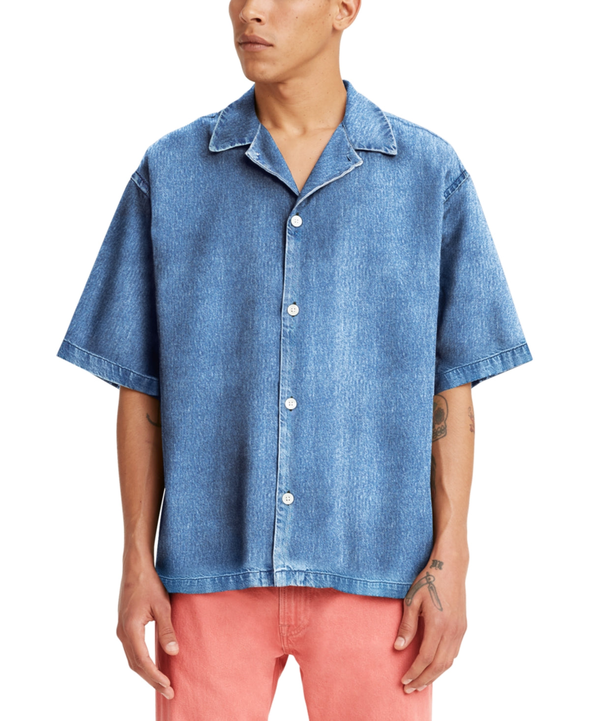 Levis Mens Oversized Fit Denim Short Sleeve Button Down Shirt Blue Large