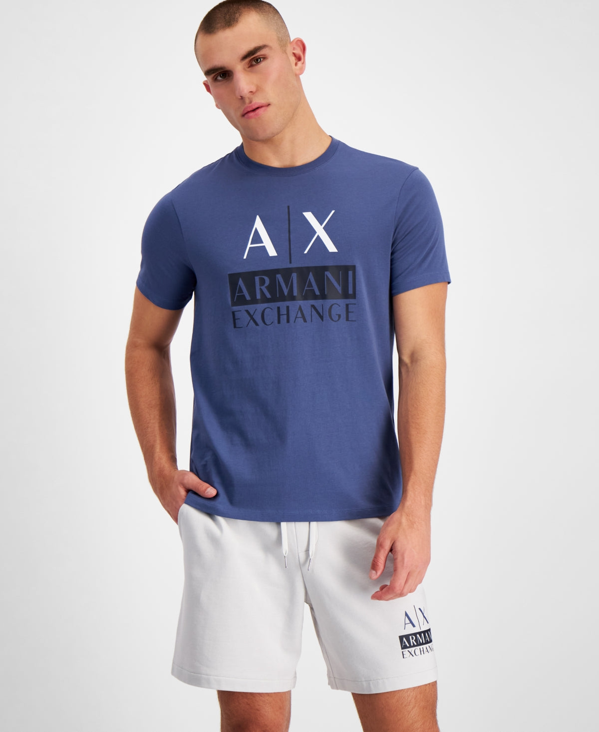 AX Armani Exchange Men's Double Ax Logo Graphic Short Sleeve T-Shirt Blue Large