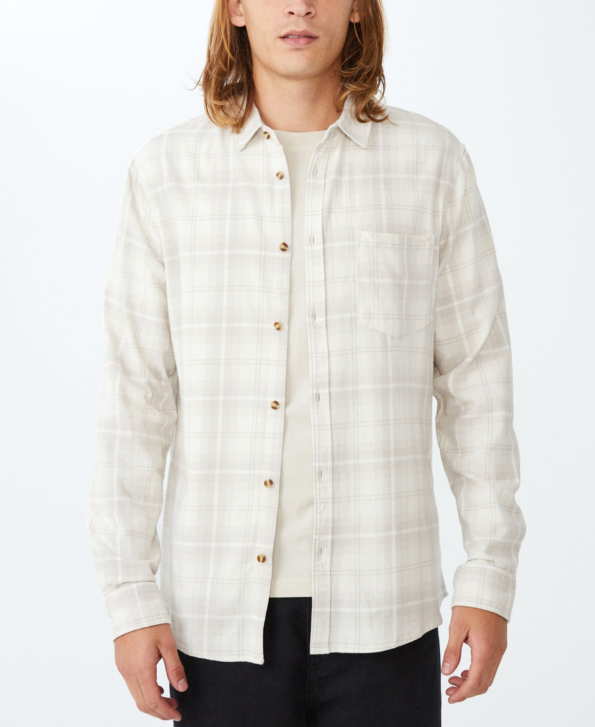 Cotton On Mens Camden Plaid Collared Button-Down Shirt White XL