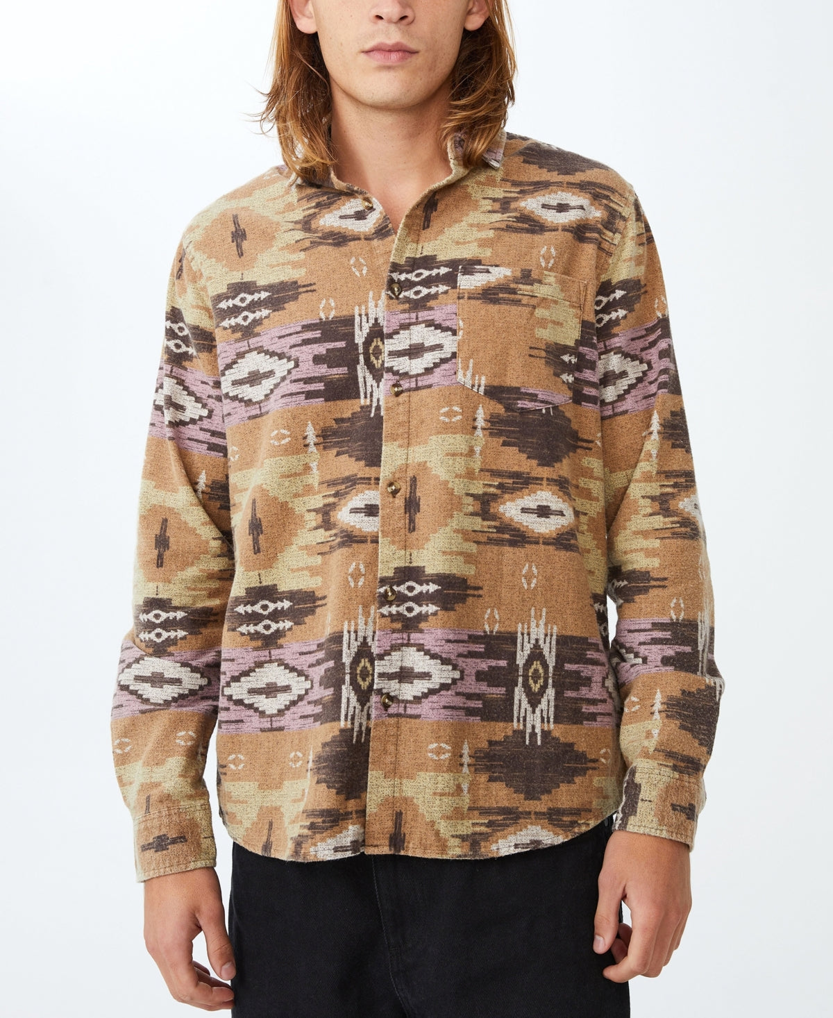 Cotton On Men's Camden Ls Shirt Khaki Tribal Print Small