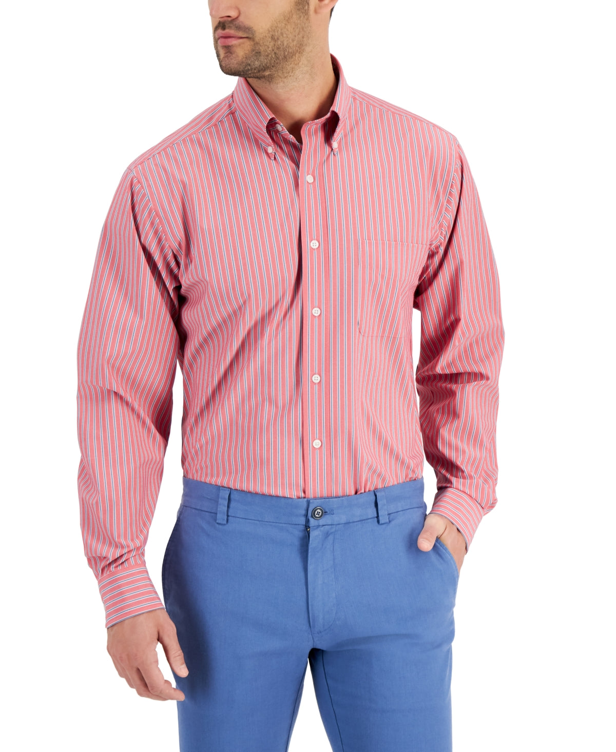 Club Room Men's Regular Fit Traveler Dress Shirt - Red Blue 15.5X34-35