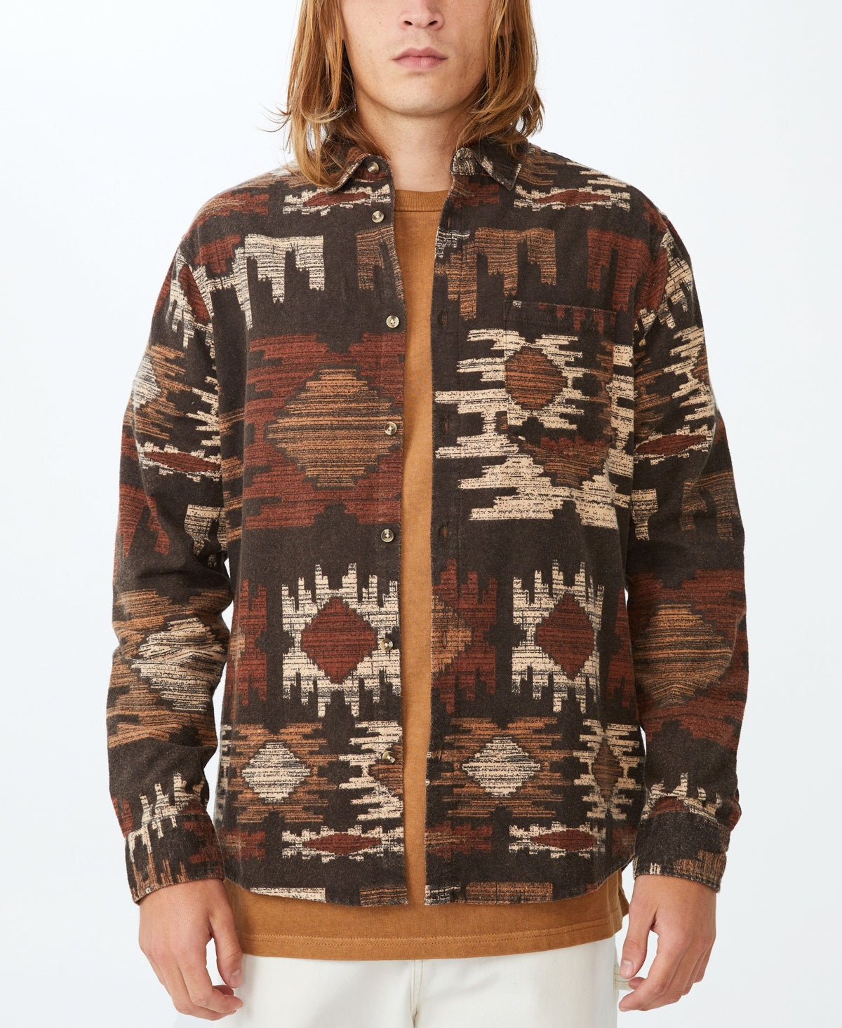 Cotton On Mens Camden Long Sleeve Button Down Shirt Chocolate Tribal Brown 2XL