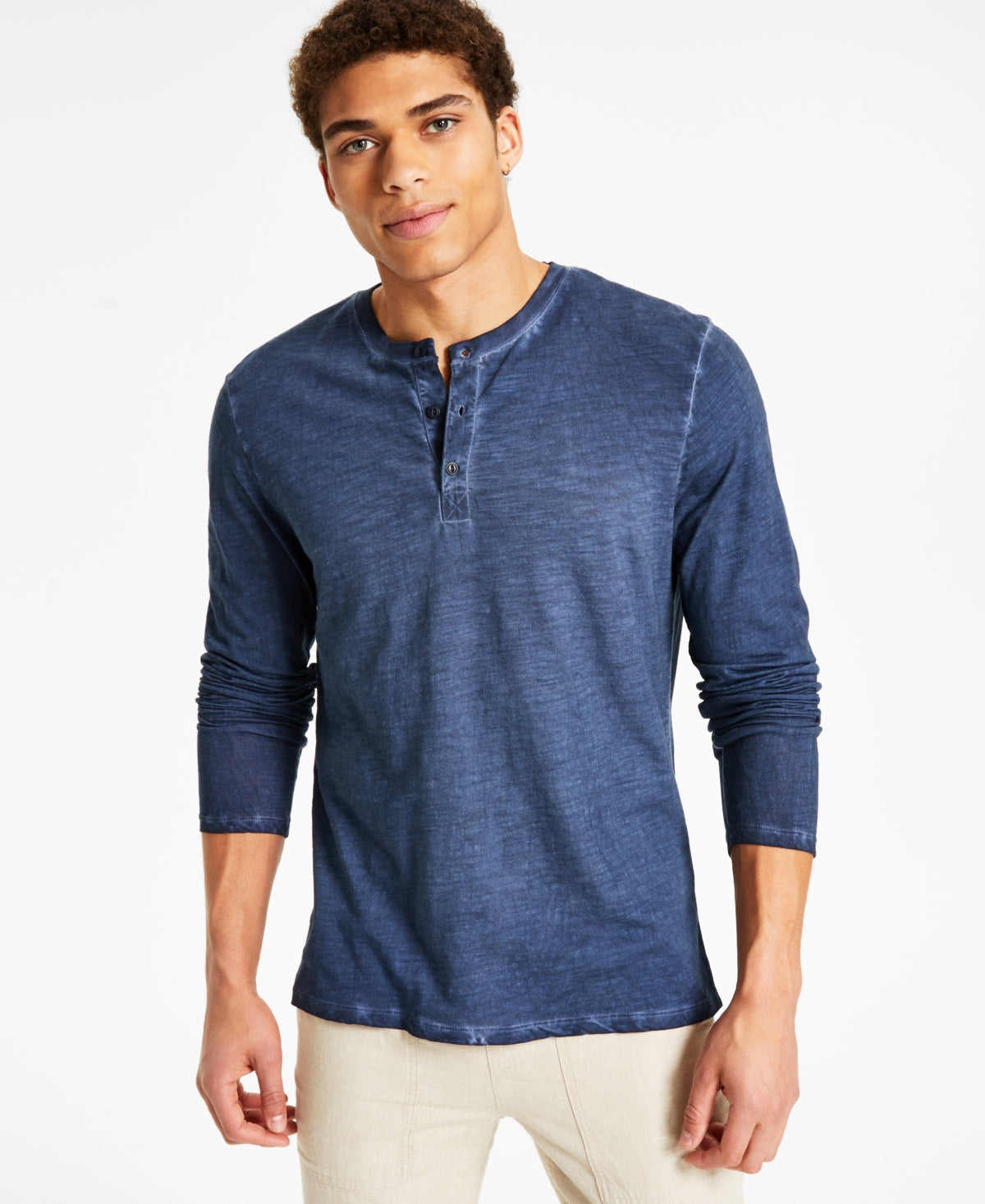 Sun + Stone Men's Long sleeve Washed Henley Shirt Basic Navy Size Xl