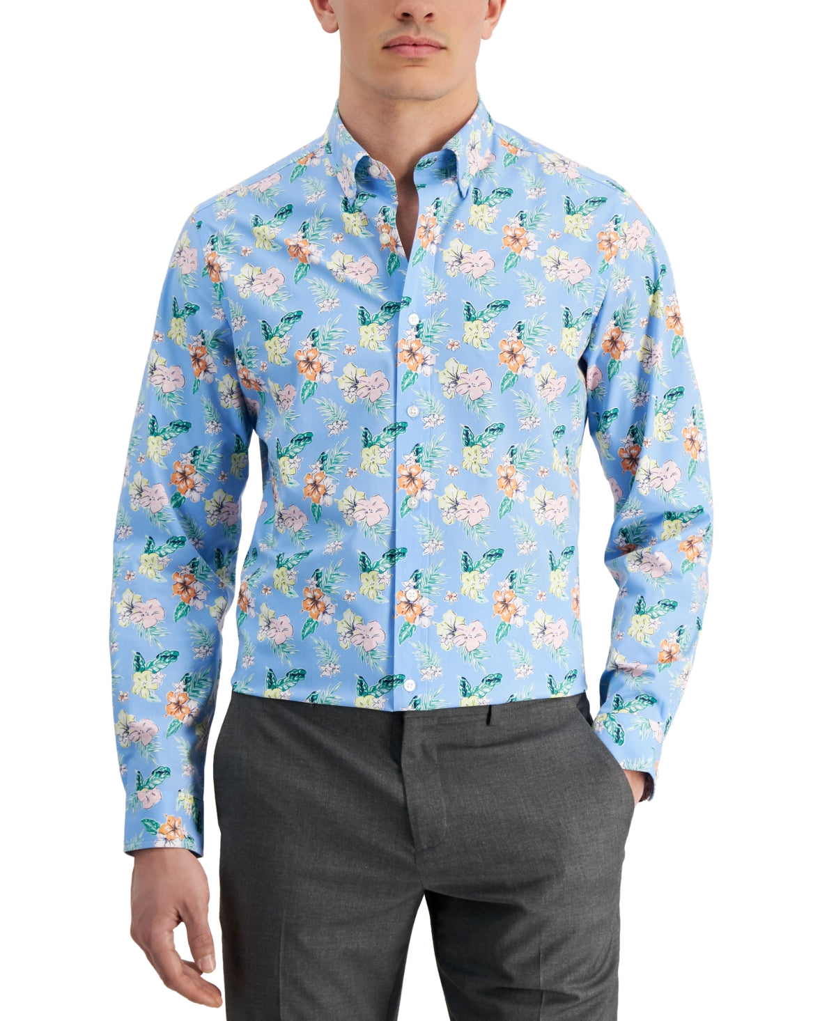 Club Room Mens Tropical Floral Button Down Dress Shirt Light Blue Orange Medium