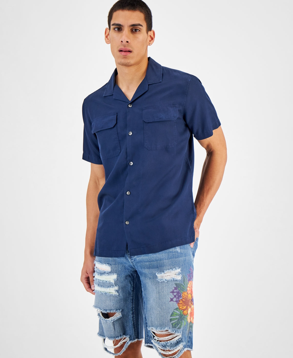 International Concepts Men's Utility Collar Button down Shirt Dark Blue XS