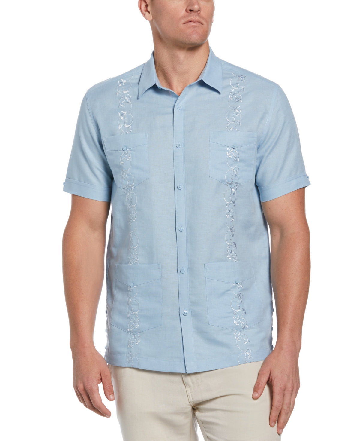 Cubavera Men's Linen Embroidered Guayabera Shirt Cerulean Blue Small