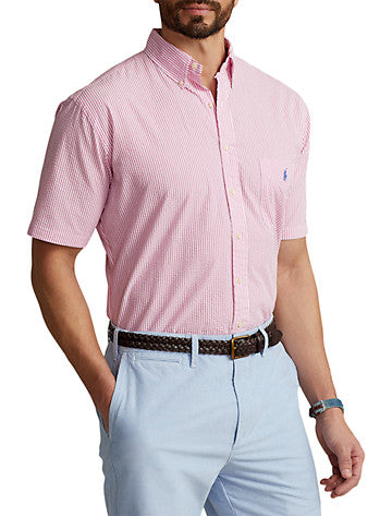 Ralph Lauren Men's Big & Tall Seersucker Button Down Shirt Pink White 2XB