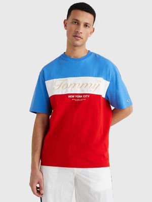 Tommy Hilfiger Tommy Jeans Men's Striped Short Sleeve T Shirt Red Blue Medium