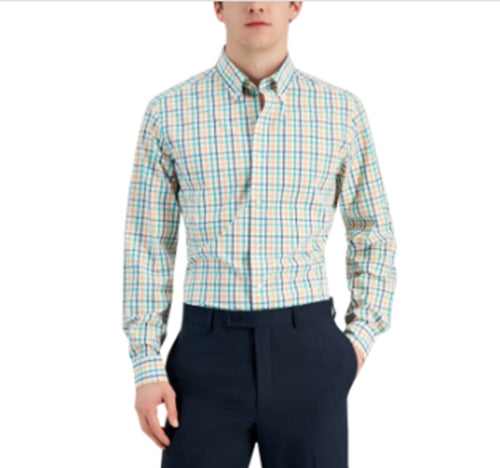 Club Room Men's Slim Fit 4-Way Stretch Solid Dress Shirt White Orange Navy Large