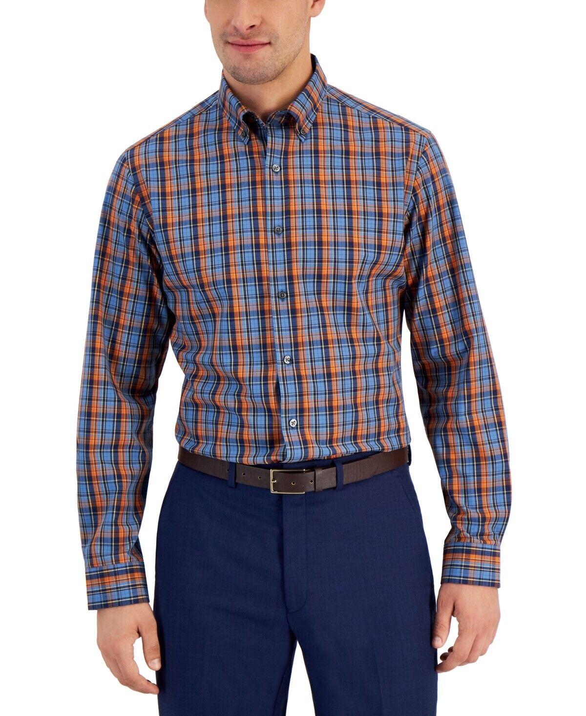 Club Room Men's Slim Fit 4 Way Stretch Plaid Dress Shirt Blue Orange Small