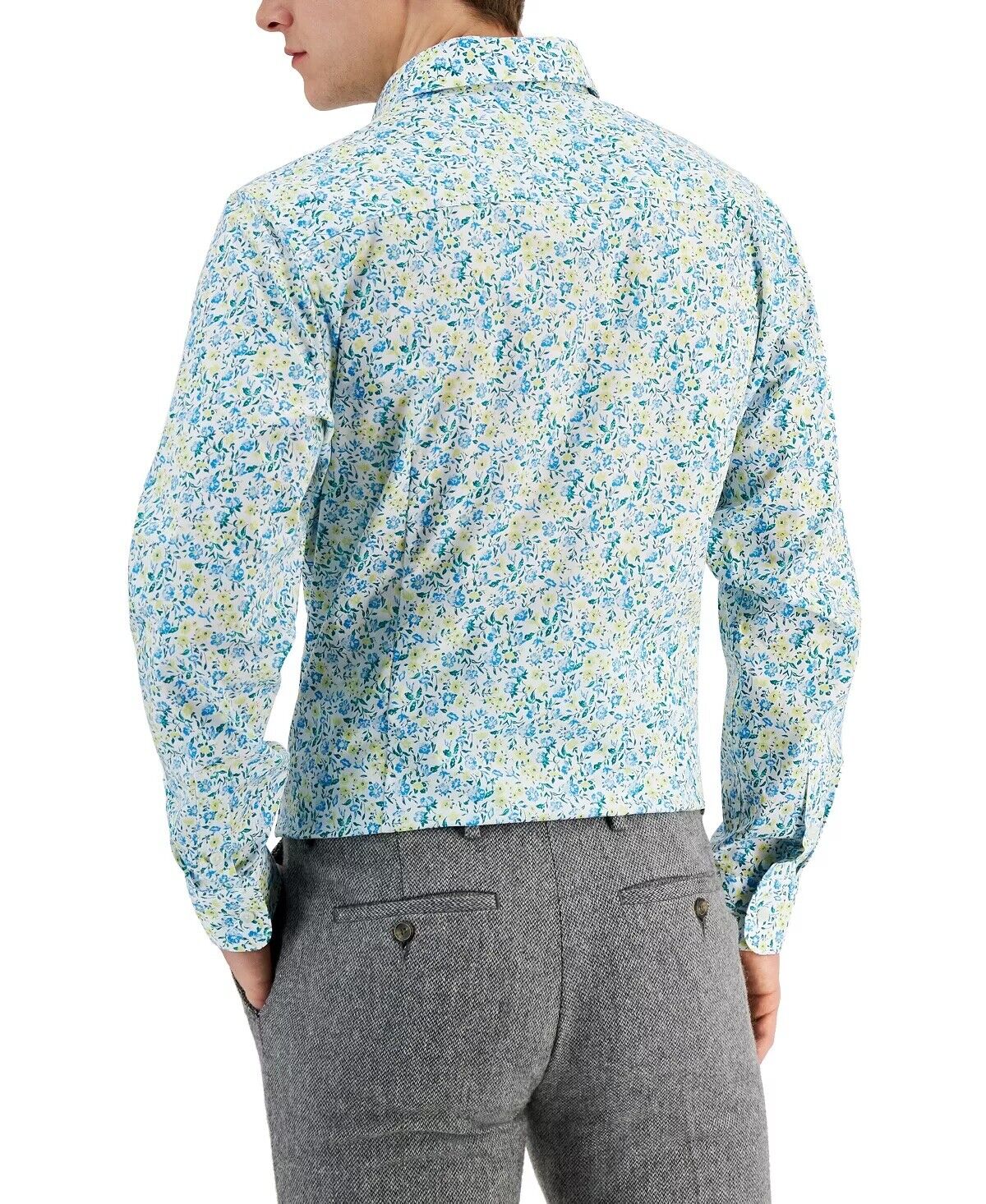 Bar III Men's Slim Fit Calma Floral Button Donw Dress Shirt Blue Yellow Small
