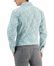 Bar III Mens Calma Floral Dress Button Down Shirt Blue White Yellow Small