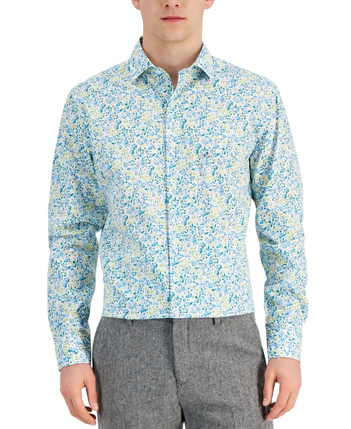 Bar III Men's Slim Fit Calma Floral Button Donw Dress Shirt Blue Yellow Small