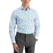 Bar III Mens Leaf Print Button Down Dress Shirt White Blue Large 16 16.5