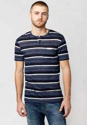Buffalo David Bitton Mens Striped Linen Henley Short Sleeve T Shirt Blue Medium
